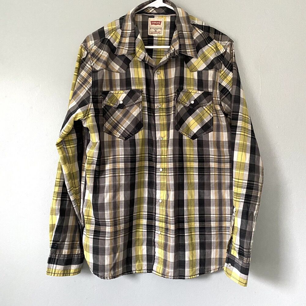 Levis Shirt Mens Medium Yellow Gray Pearl Snap Long Sleeve Hipster Western